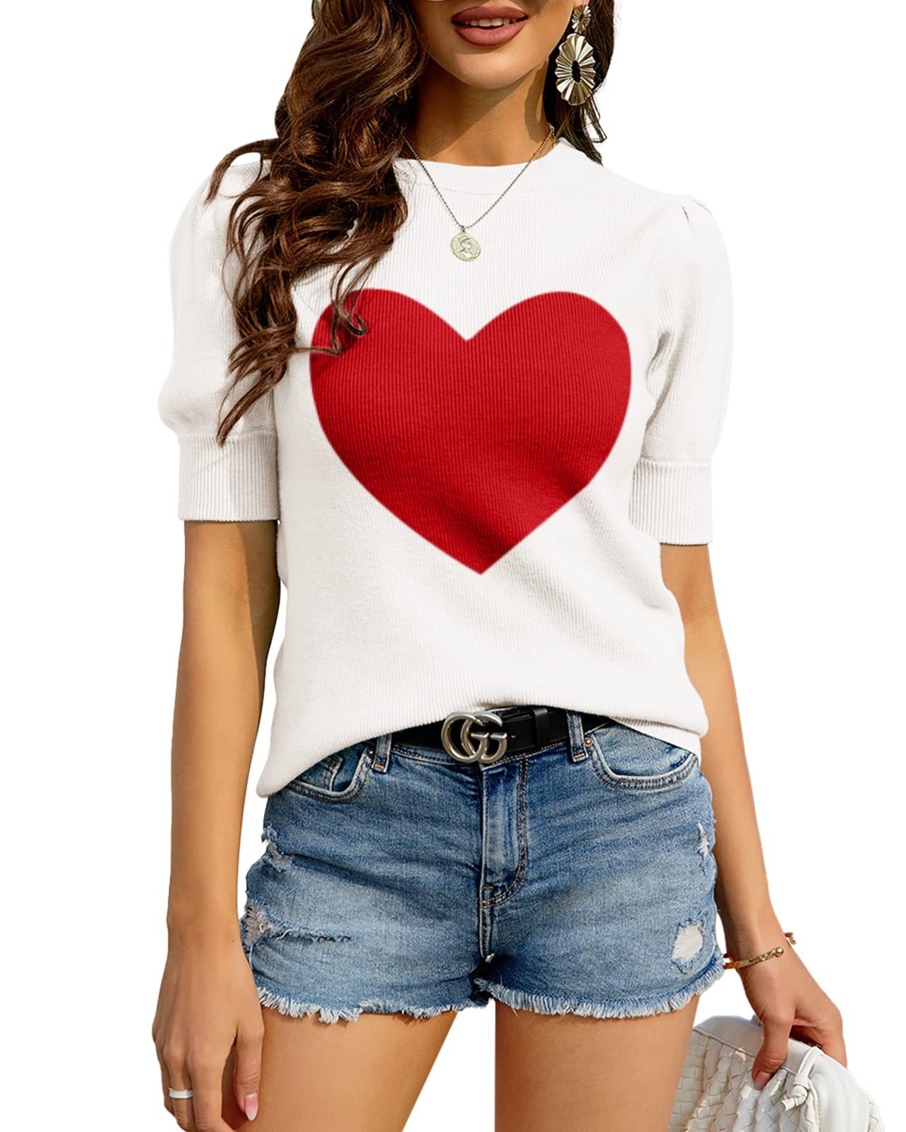 Womens Puff  Sweaters Pullover Shirt Tops Crew Neck  Knit Sweater Blouses